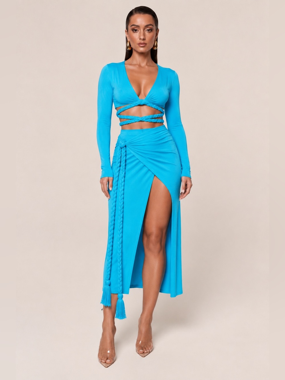 Fashion Nova Turquoise Two-Piece Wrap Crop Top & Skirt Set